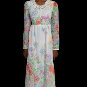 Vintage RAR Prairie Dress White Hippie Floral Flower Garden Maxi 70s Cottage XXS